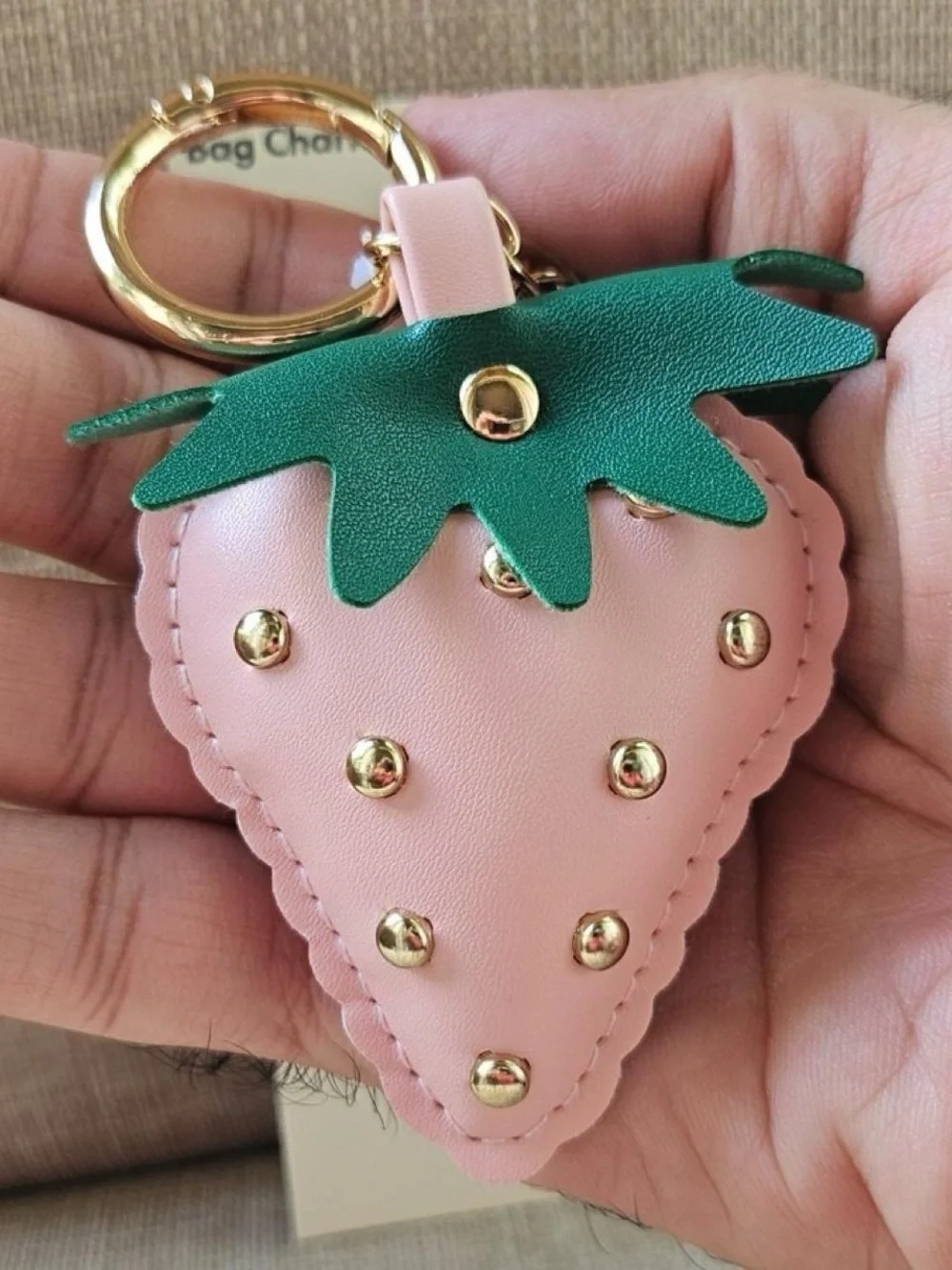 Pink Strawberry Charm Keychain with Green Leaf Accents